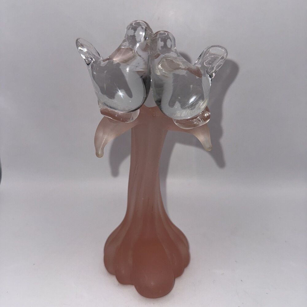 Glass Lovebirds Sculpture On Pink Frosted Glass  6.75” Tall, Crowning Touch